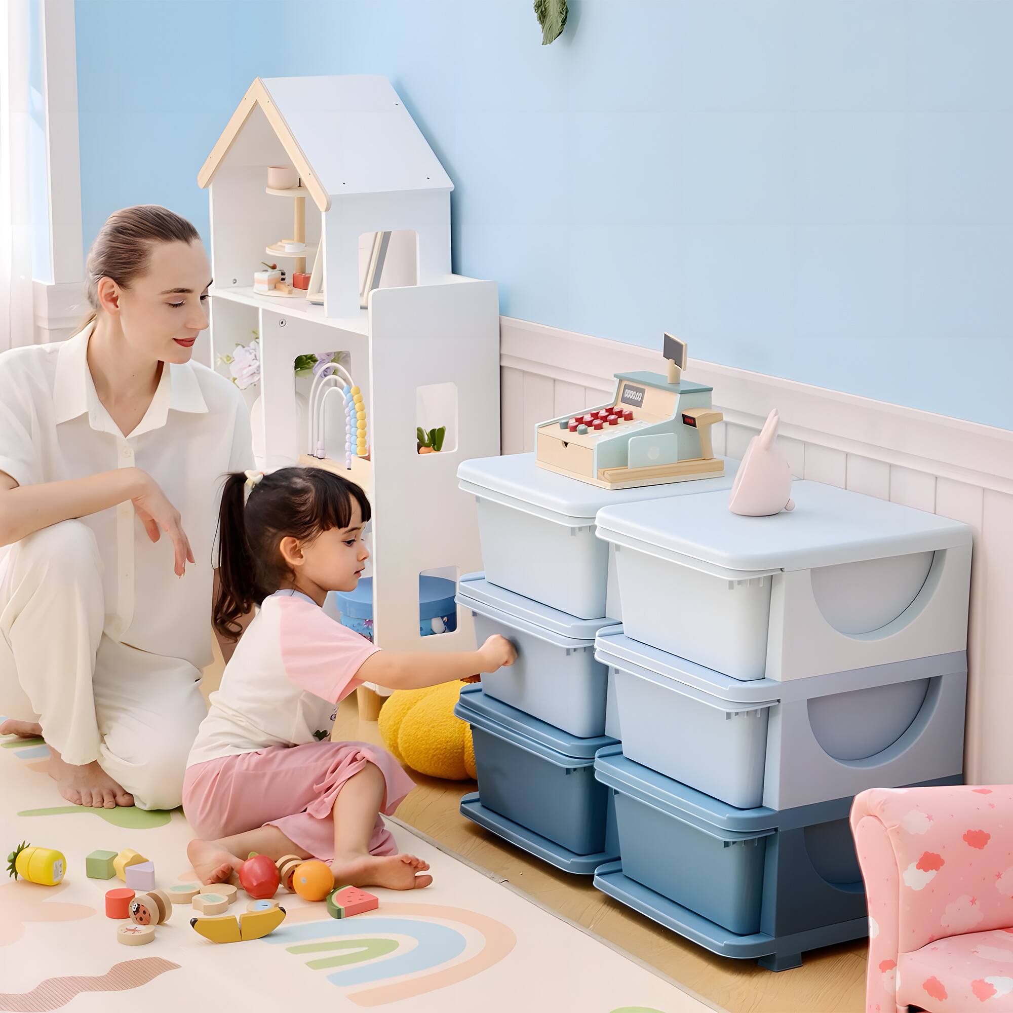 Alt View 4. Qaba - 3 Tier Kids Storage Unit, 6 Drawer Chest Toy Organizer Plastic Bins for Kids Bedroom, Nursery, Kindergarten - Blue.