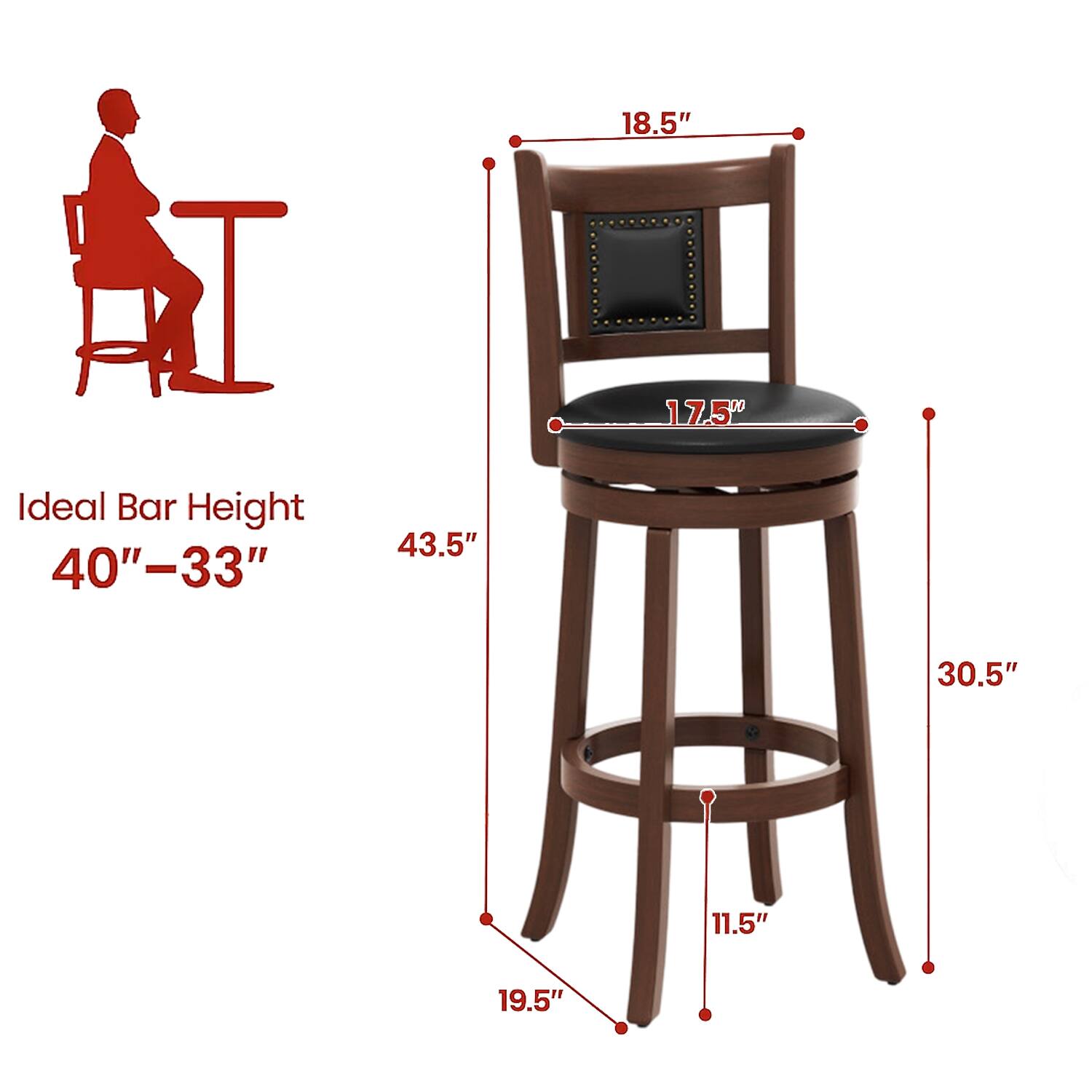 Ideal Bar Height  
40"–33"  

18.5"  
17.5"  
43.5"  
30.5"  
11.5"  
19.5"