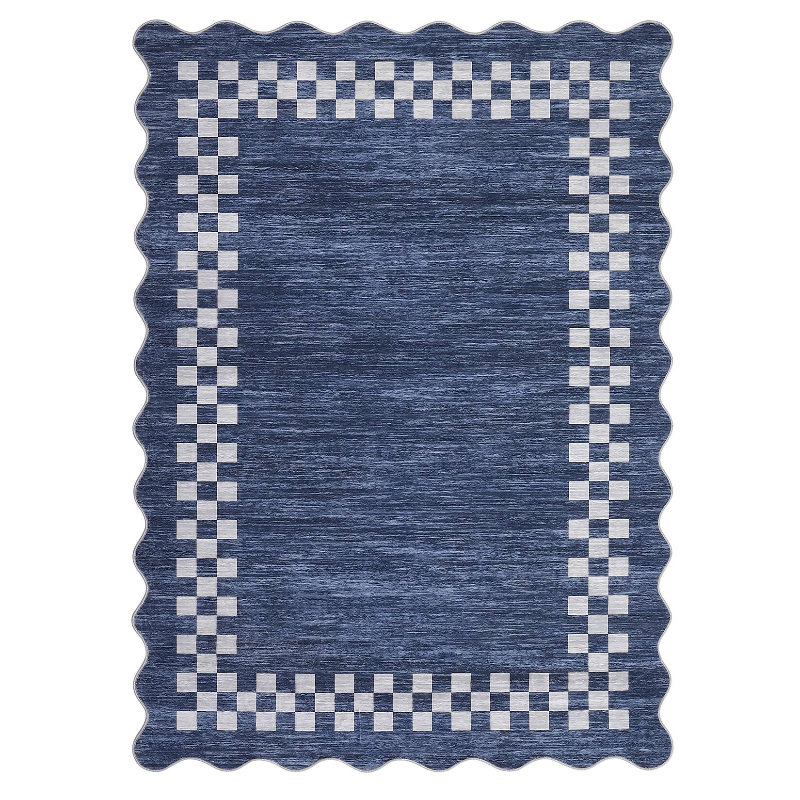 Front. GAOMON - Modern Bordered Area Rug Non Slip Ultra Thin Low Pile Machine Washable Floor Cover Kitchen Living Room Hallway - Blue.