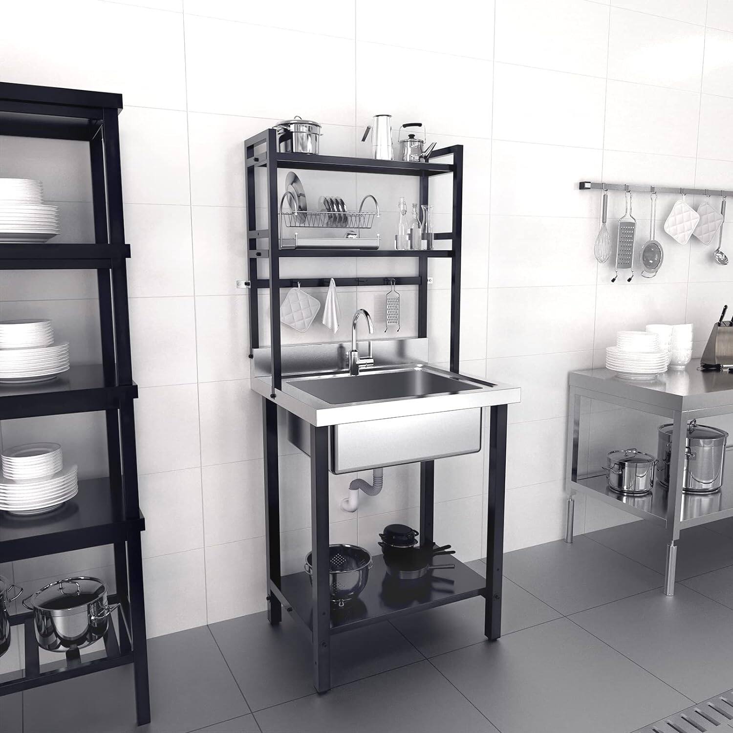 Left. Winado - Commercial Freestanding Stainless Steel Sink with Adjustable Shelves & R10 Rounded Corners and Hooks for Restaurant Prep - Silver & Black.