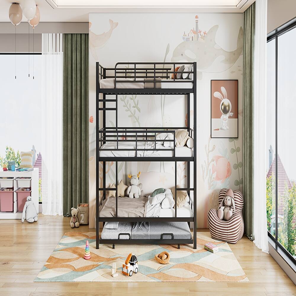 Alt View 2. Loheer - Loheer Metal Twin Size Triple Bunk Bed with Trundle Black Heavy Duty Steel 3 Tier Bunk Bed Space-Saving Design - Black.
