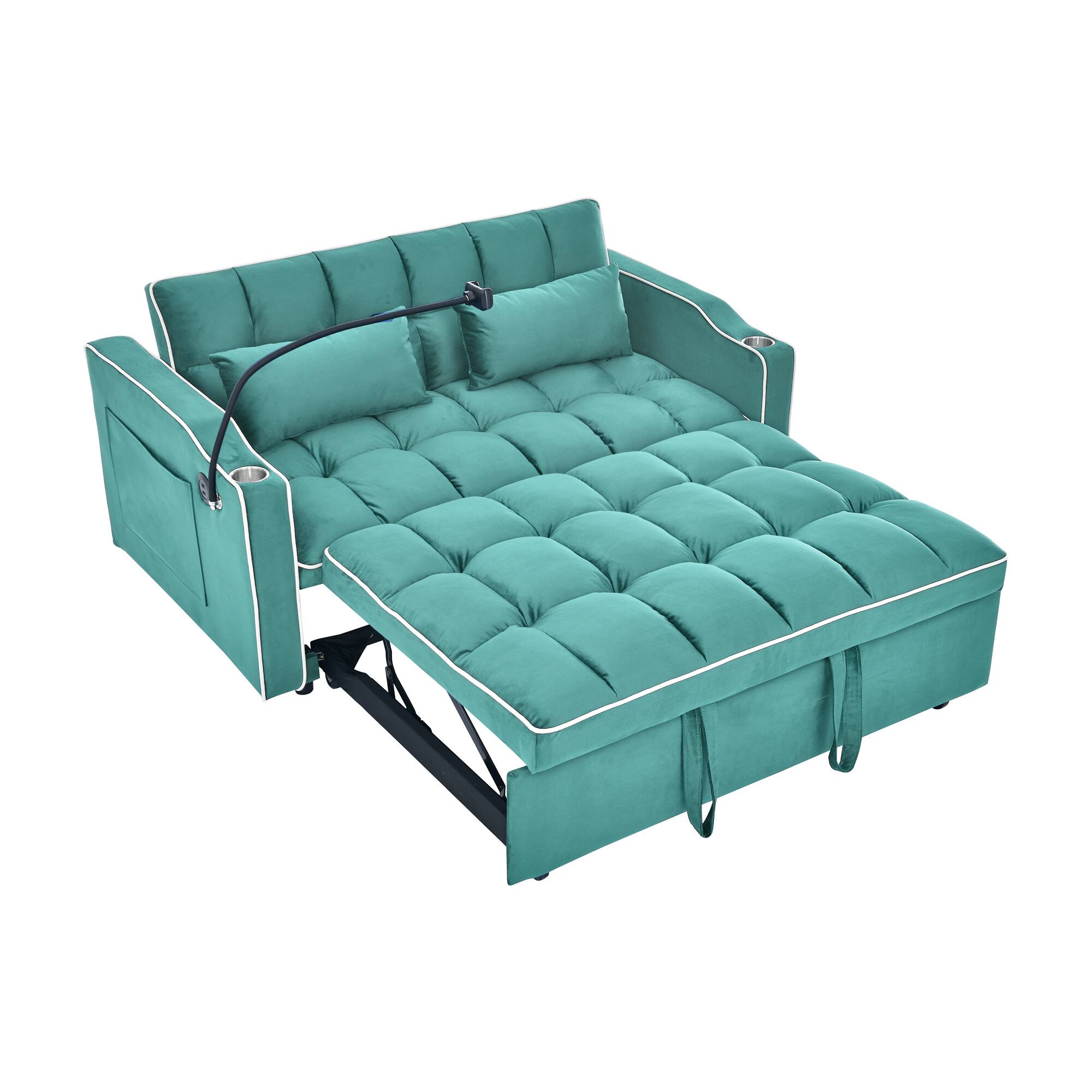Alt View 6. Tiramisubest - Modern Velvet Versatile Foldable Sofa Bed in 3 Lengths,Adjustable Back w/ USB Port,Ashtray & Swivel Phone Stand (Green) - Antique blue green.