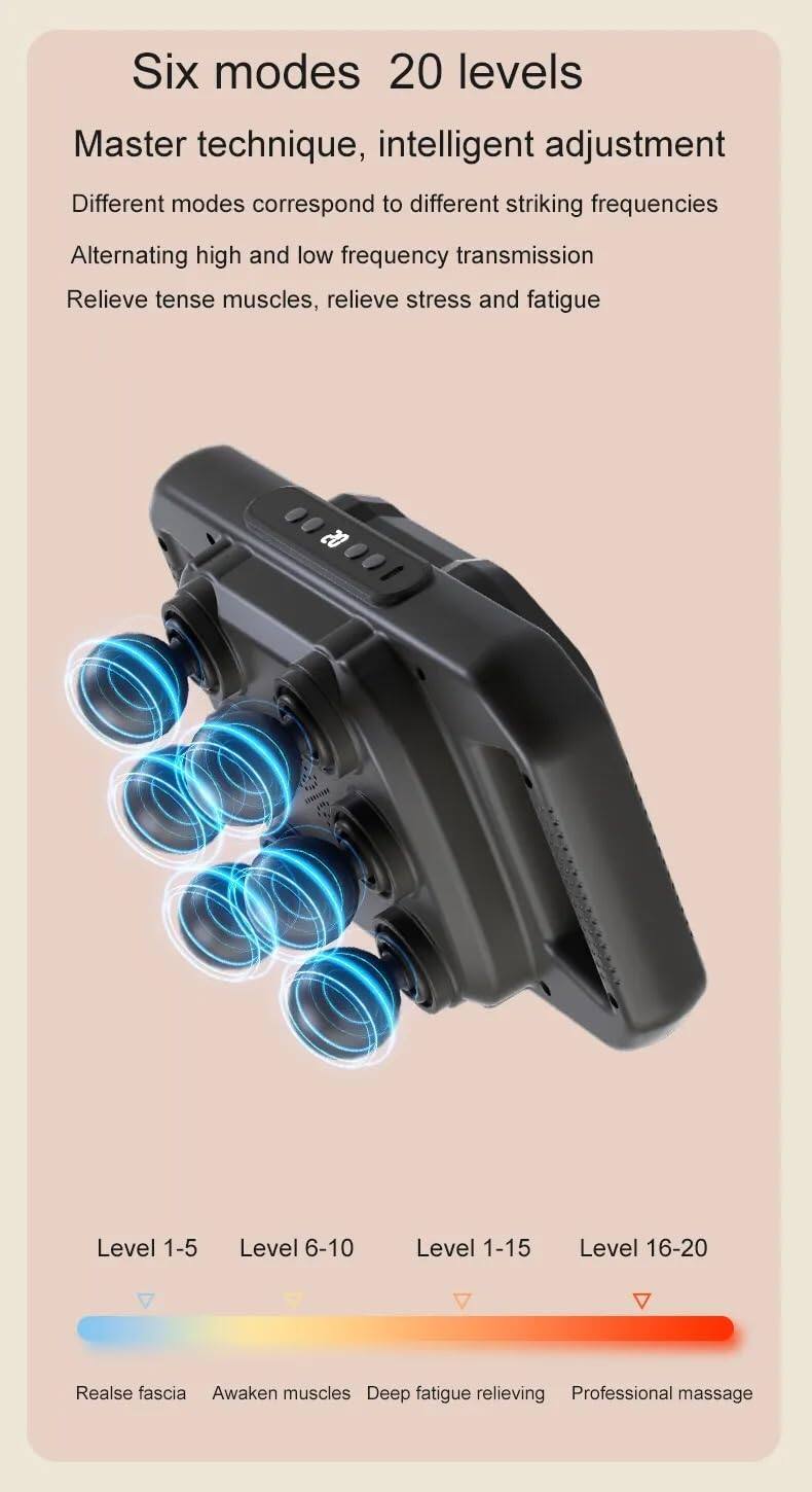 Six modes 20 levels  
Master technique, intelligent adjustment  
Different modes correspond to different striking frequencies  
Alternating high and low frequency transmission  
Relieve tense muscles, relieve stress and fatigue  

Level 1-5  
Level 6-10  
Level 1-15  
Level 16-20  

Release fascia  
Awaken muscles  
Deep fatigue relieving  
Professional massage