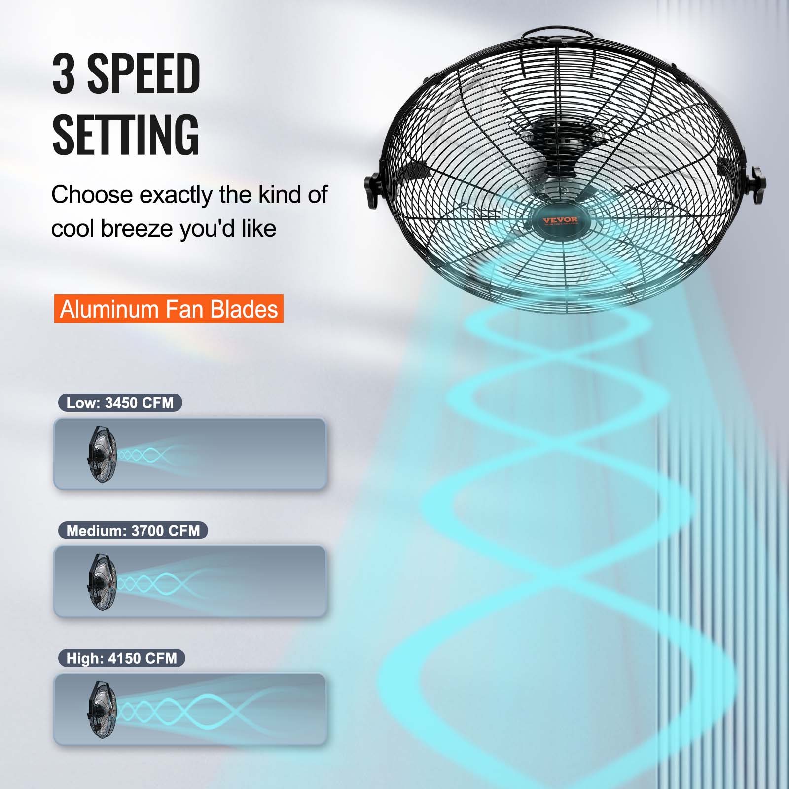 3 SPEED SETTING, Choose exactly the kind of cool breeze you'd like, VEYOR Aluminum Fan Blades, Low: 3450 CFM, Medium: 3700 CFM, High: 4150 CFM