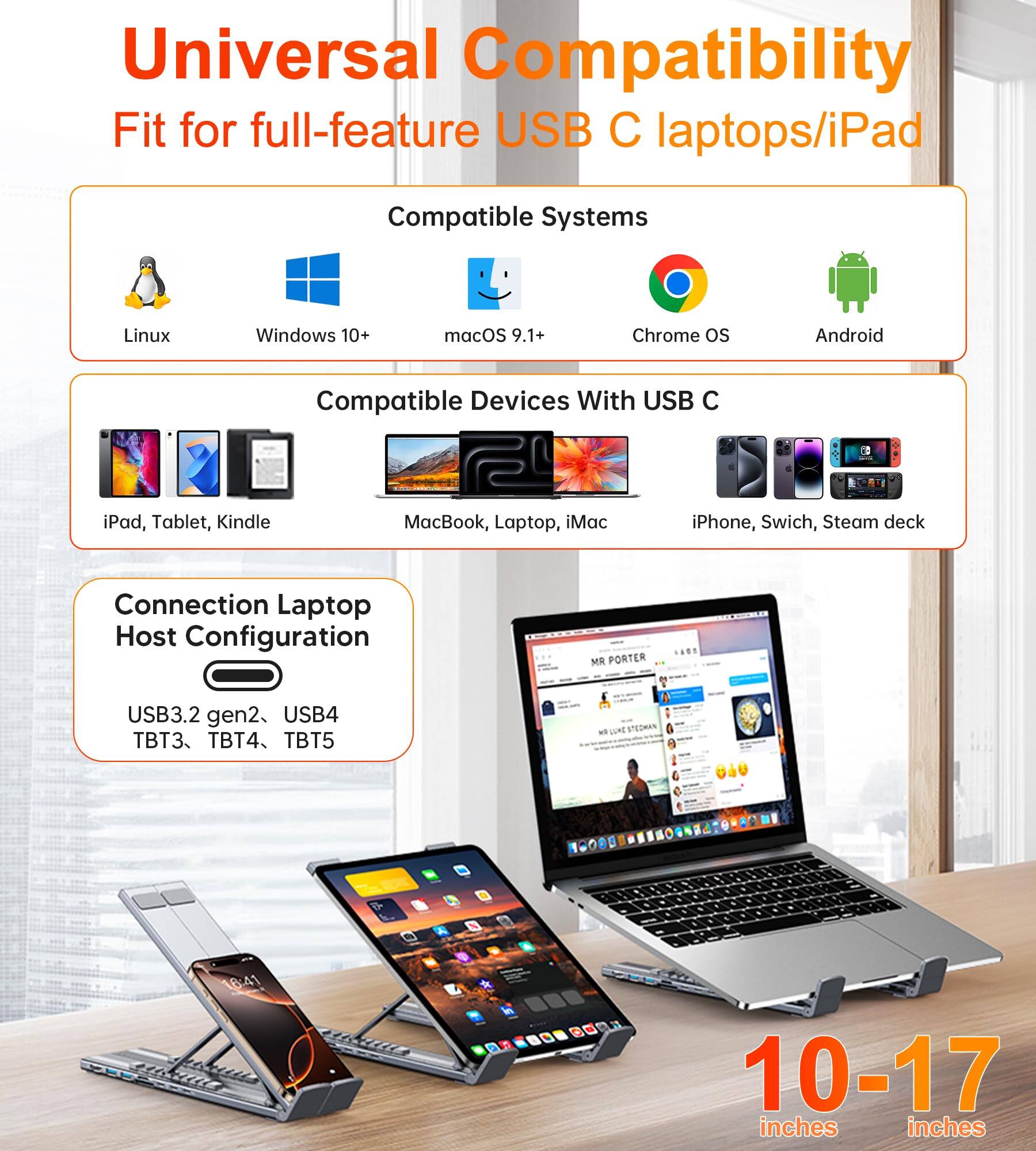 Universal Compatibility  
Fit for full-feature USB C laptops/iPad  

Compatible Systems  
- Linux  
- Windows 10+  
- macOS 9.1+  
- Chrome OS  
- Android  

Compatible Devices With USB C  
- iPad, Tablet, Kindle  
- MacBook, Laptop, iMac  
- iPhone, Switch, Steam deck  

Connection Laptop Host Configuration  
- USB3.2 gen2  
- USB4  
- TBT3, TBT4, TBT5  

10-17 inches