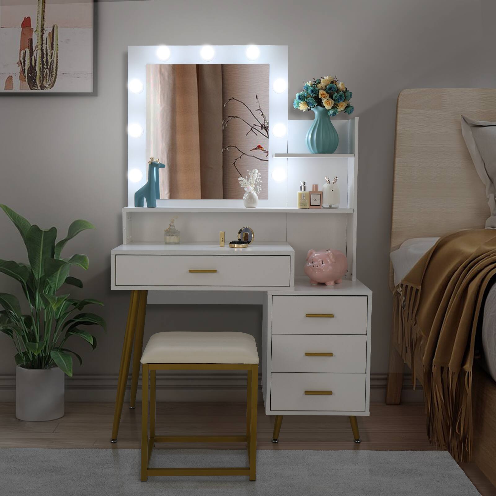 Alt View 5. Winado - Vanity Set with 3 Color Lighted Mirror Makeup Table 4 Drawers Dresser Cabinet Desk with Open Shelves & Stool for Bedroom - White.