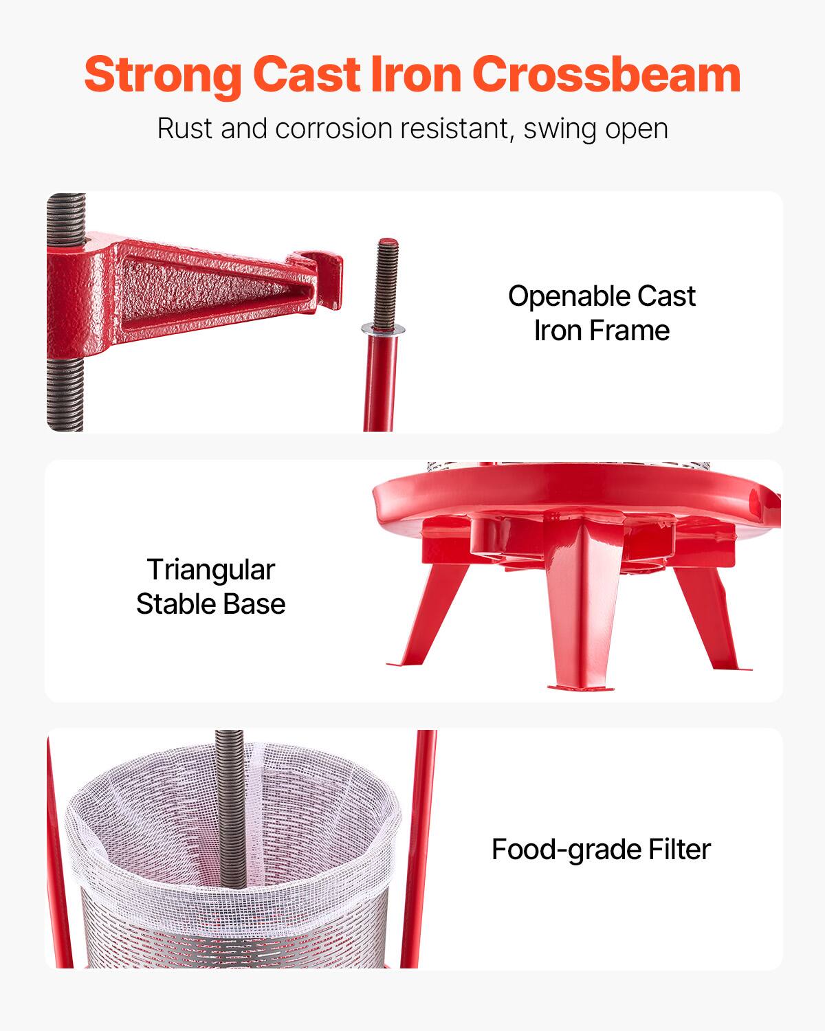 Strong Cast Iron Crossbeam  
Rust and corrosion resistant, swing open  

Openable Cast Iron Frame  

Triangular Stable Base  

Food-grade Filter