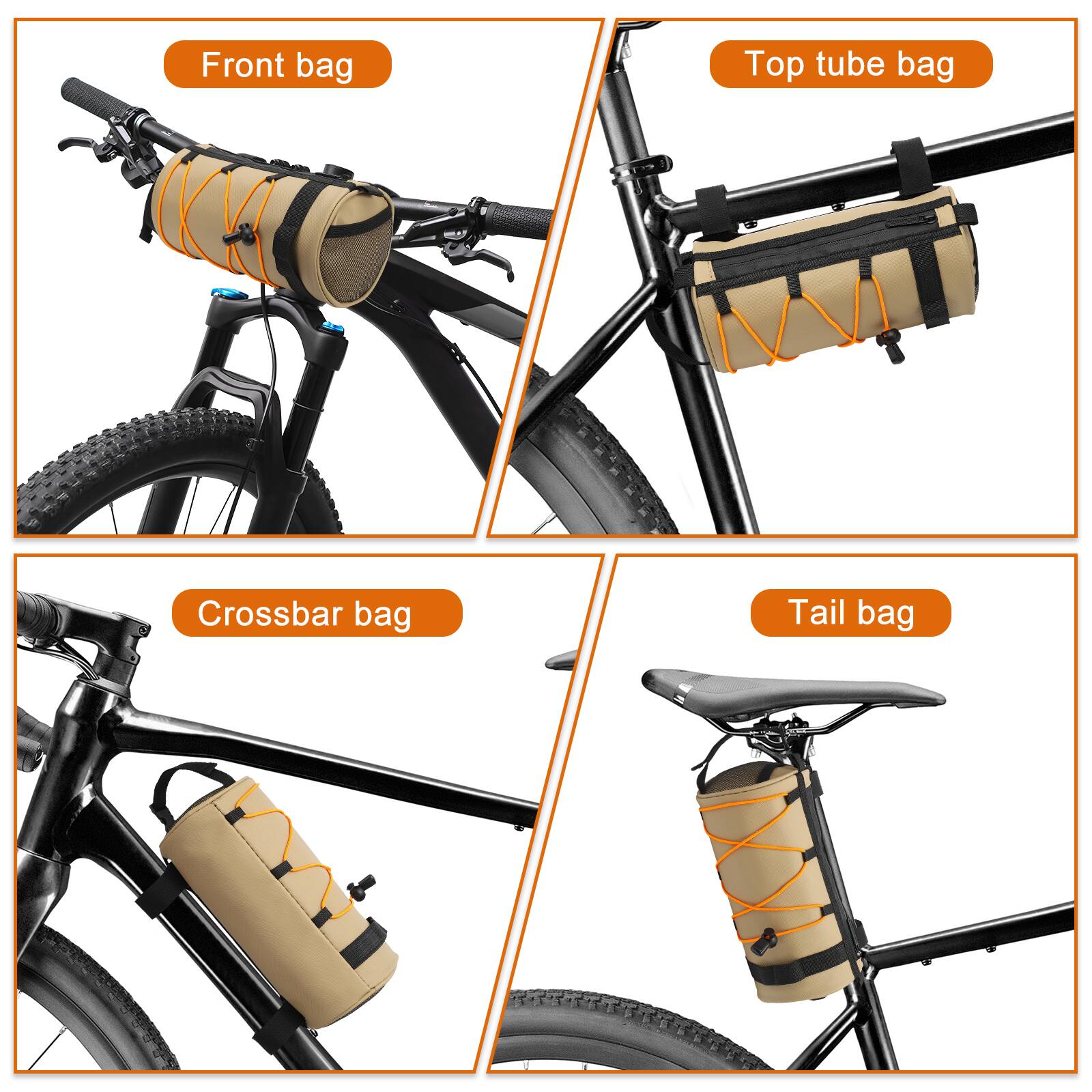 Front bag  
Top tube bag  
Crossbar bag  
Tail bag