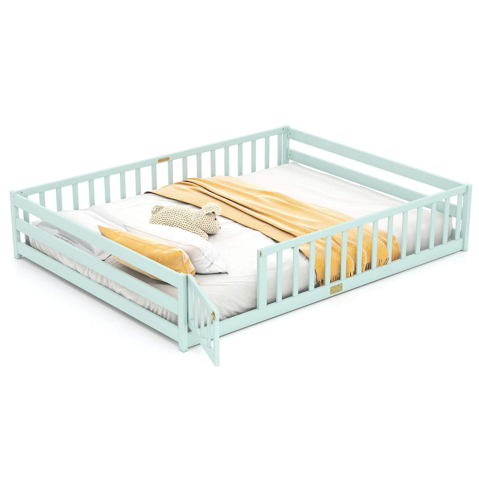 Costway - Queen Size Floor Bed with Full Length Safety Guardrails & Door for Boys, Girls - Mint Sky
