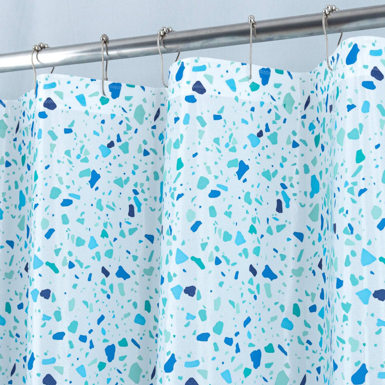 Left. RT Designers Collection - RT Designers Collection 90GSM Peva Glit Printed Terrazzo Shower Curtain 70" x 72" Blue - Blue.
