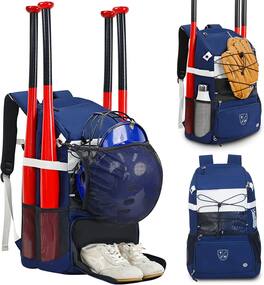 Wikistore - Baseball Bag Backpack with Bat Shoe Glove Compartment Helmet Holders Fence Hook Water-Resistant - Blue