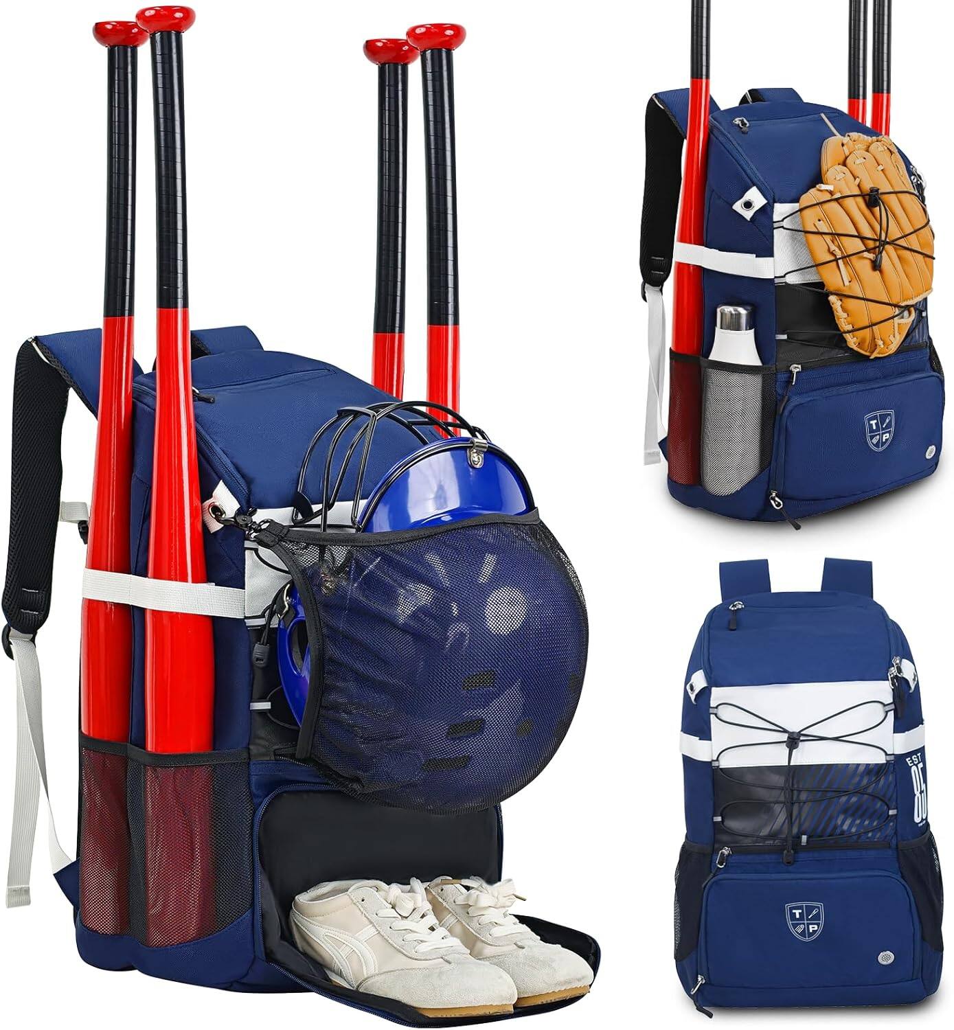 Front. Wikistore - WIKISTORE Baseball Bag Backpack with Bat Shoe Glove Compartment Helmet Holders Fence Hook Water-Resistant Blue - Blue.