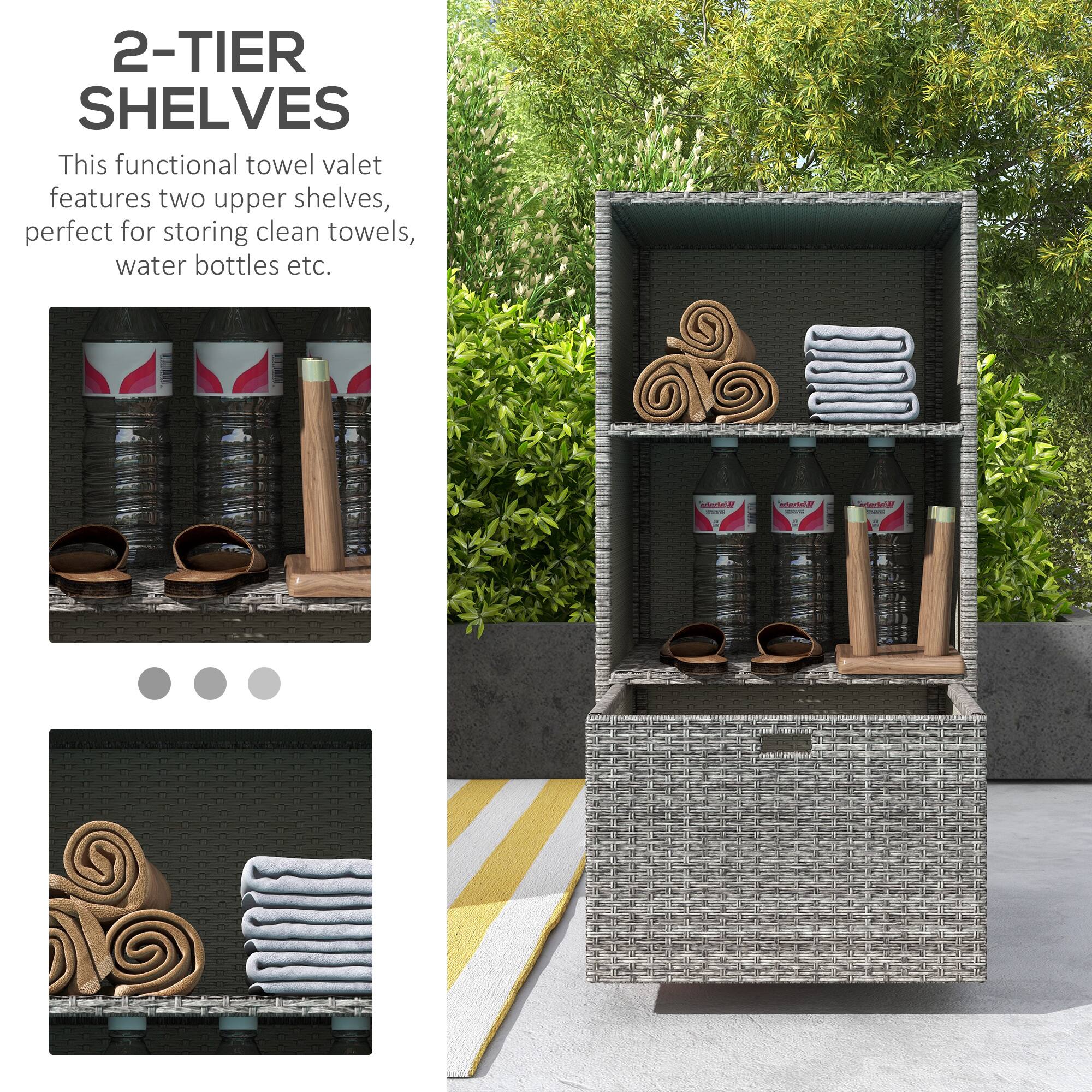 2-TIER SHELVES

This functional towel valet features two upper shelves, perfect for storing clean towels, water bottles, etc.