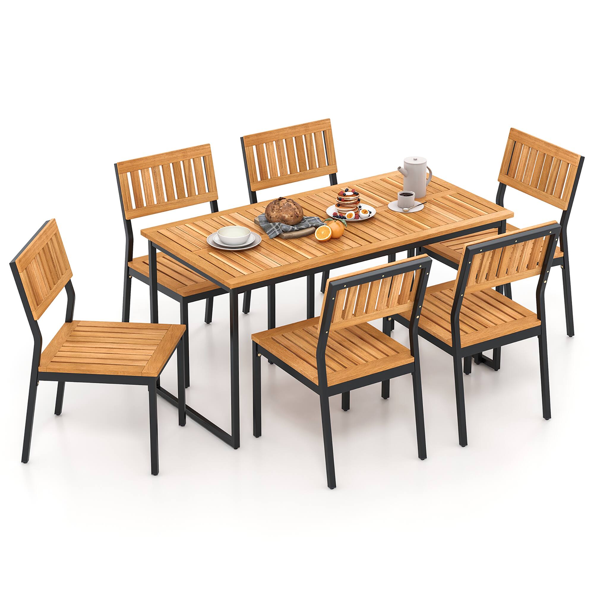 Alt View 7. Gymax - Gymax 7 PCS Outdoor Dining Set for 6 Acacia Wood Rectangular Table & 6 Armless Chairs - Natural, Black.