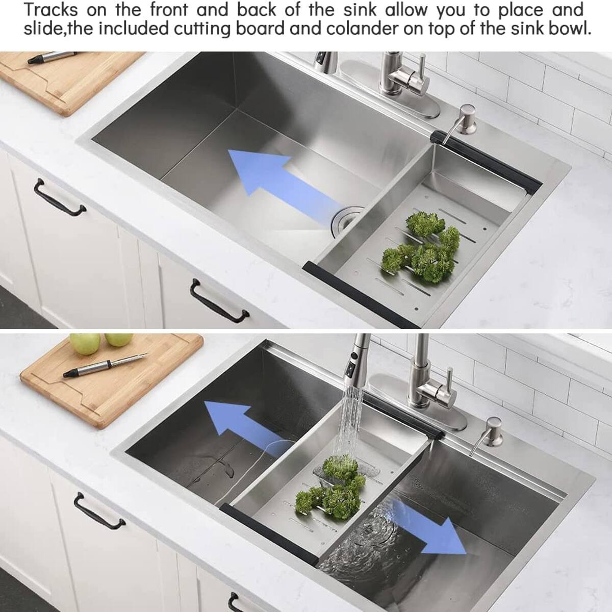 Tracks on the front and back of the sink allow you to place and slide the included cutting board and colander on top of the sink bowl.