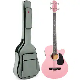 Best Choice Products - Acoustic Electric Bass Guitar w/ Equalizer, Truss Rod, Padded Gig Bag - Pink