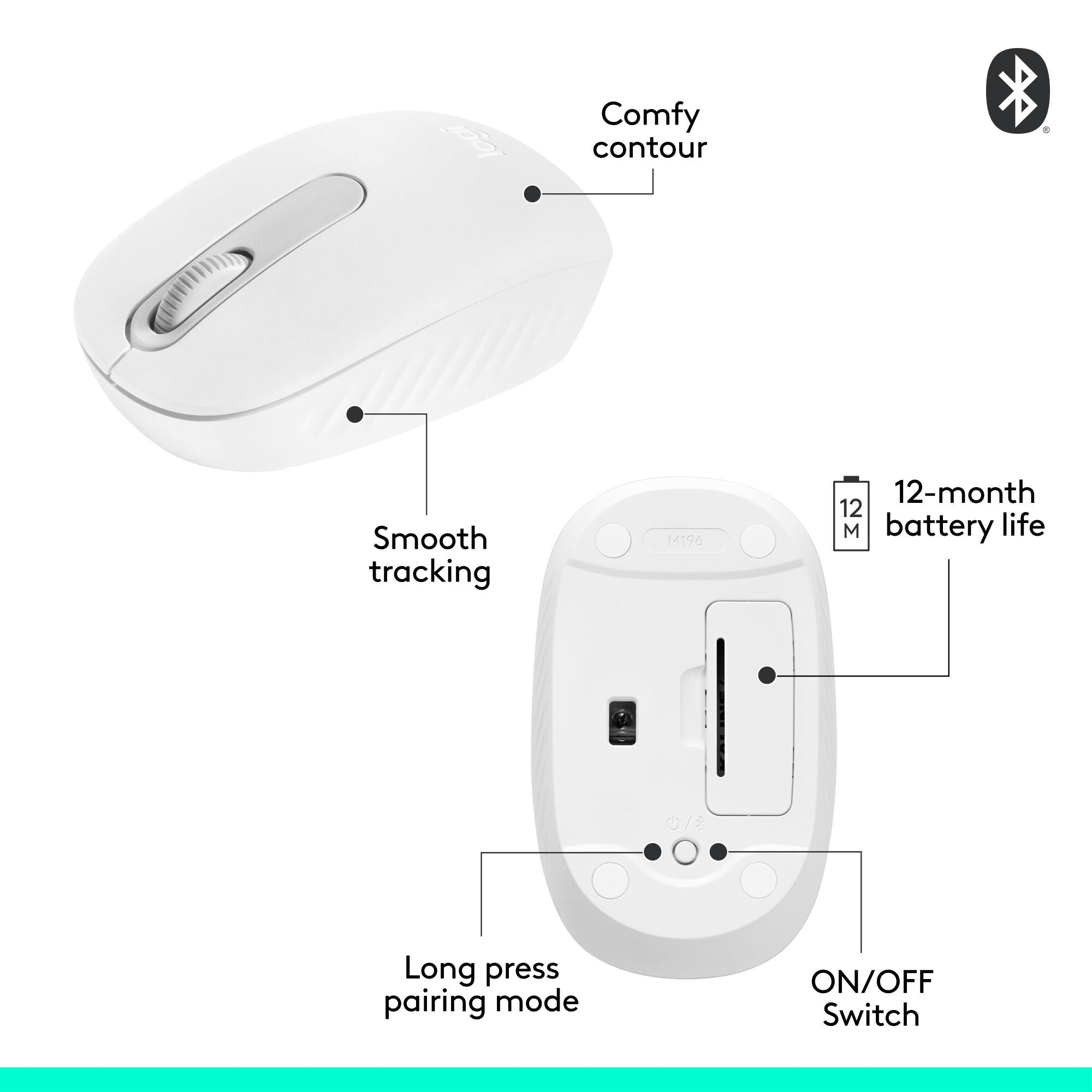 The image shows a computer mouse with a diagram of its features. The mouse has a long press pairing mode, which allows for easy pairing with a device. It also has a smooth tracking feature, which ensures that the mouse moves smoothly on the surface. The mouse is designed for comfort, with a contour shape that fits the user's hand. Additionally, it has a 12-month battery life, making it a reliable and durable option for daily use.