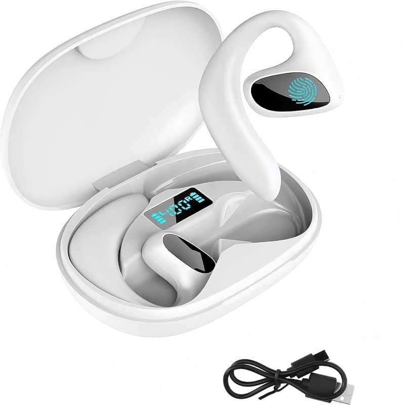 SKRAN - Clip on Ear Bluetooth Headphones, LED Digital Display & Music Support,for Sports, Office, Travel - White