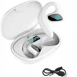 SKRAN - Clip on Ear Bluetooth Headphones, LED Digital Display & Music Support,for Sports, Office, Travel - White