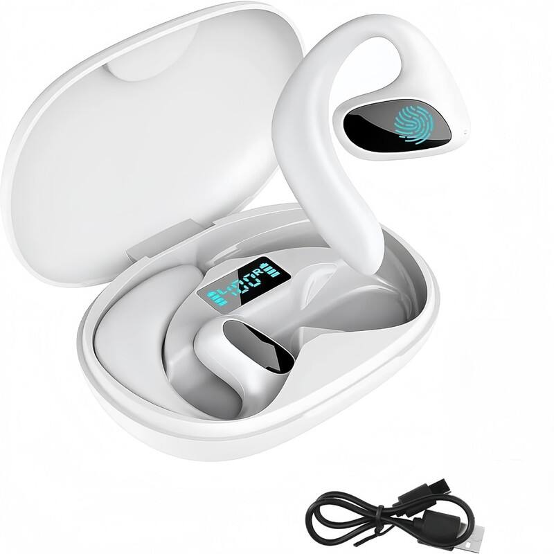 Front. SKRAN - Clip on Ear Bluetooth Headphones, LED Digital Display & Music Support,for Sports, Office, Travel - White.