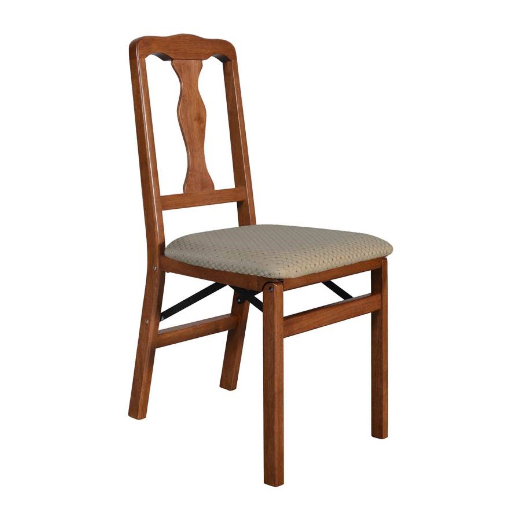 Angle. Stakmore - Stakmore Queen Anne Folding Chair, Cherry Frame with Blush Fabric - Brown.