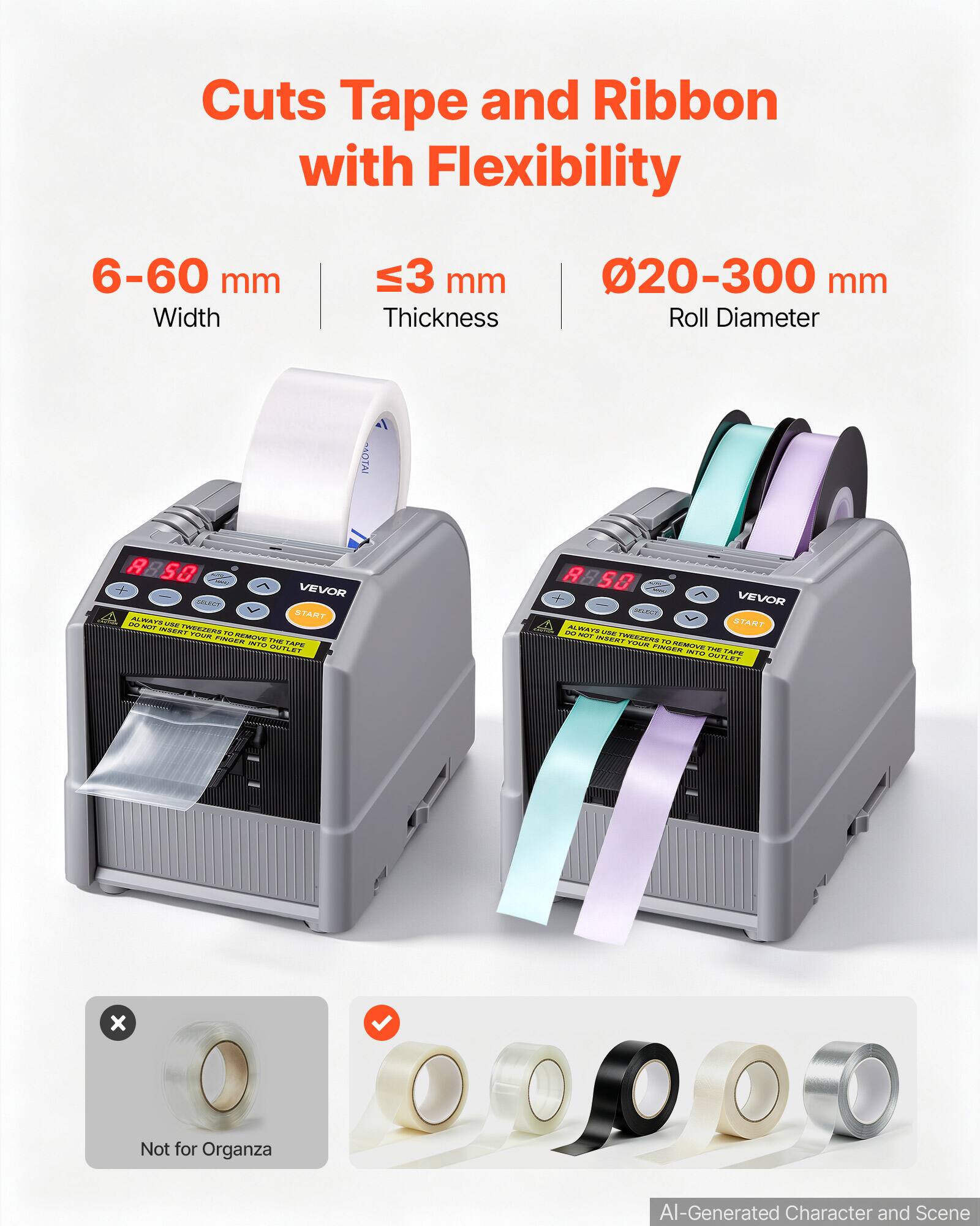 Cuts Tape and Ribbon with Flexibility

6-60 mm Width
≤3 mm Thickness
Ø20-300 mm Roll Diameter

OTAI

A SO Cave VEVOR SELECT ALWAYS START adidas - will NOT INSERT TWEEZERS YOUR TO FOYDER REMOVE THE WTO OUTLET TAPE

A S VEVOR ALWAYS START AND NOT MMI INSENT SWEEZERS YOUR TO FINGER REMOVE THE INTO OUTLET TAPE

X

Not for Organza

Al-Generated Character and Scene