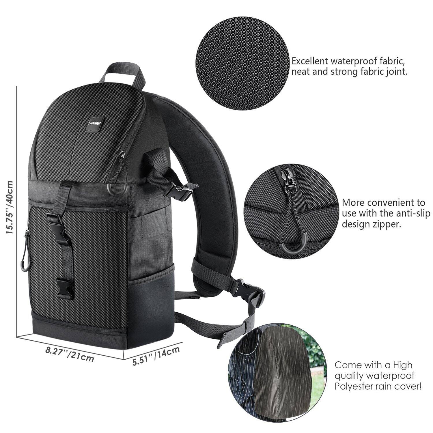Excellent waterproof fabric, neat and strong fabric joint.  
15.75" / 40cm  
More convenient to use with the anti-slip design zipper.  
8.27" / 21cm  
5.51" / 14cm  
Come with a high-quality waterproof polyester rain cover!