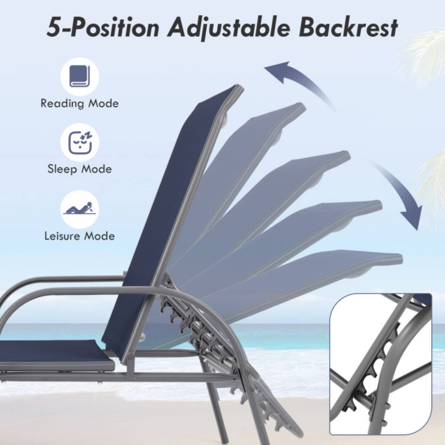 5-Position Adjustable Backrest

- Reading Mode
- Sleep Mode
- Leisure Mode