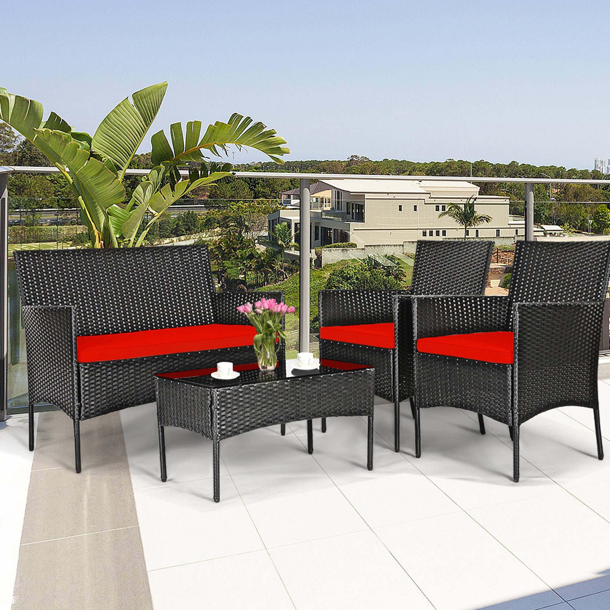 Alt View 5. Gymax - Gymax 8PCS Outdoor Furniture Set Patio Rattan Conversation Set w/ Red Cushion - Red.