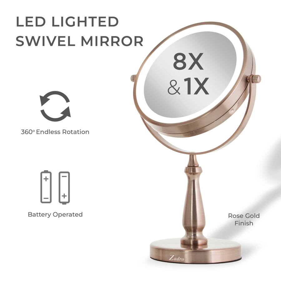 LED Lighted Swivel Mirror  
8X & 1X  
360° Endless Rotation  
Battery Operated  
Rose Gold Finish  
Zadro