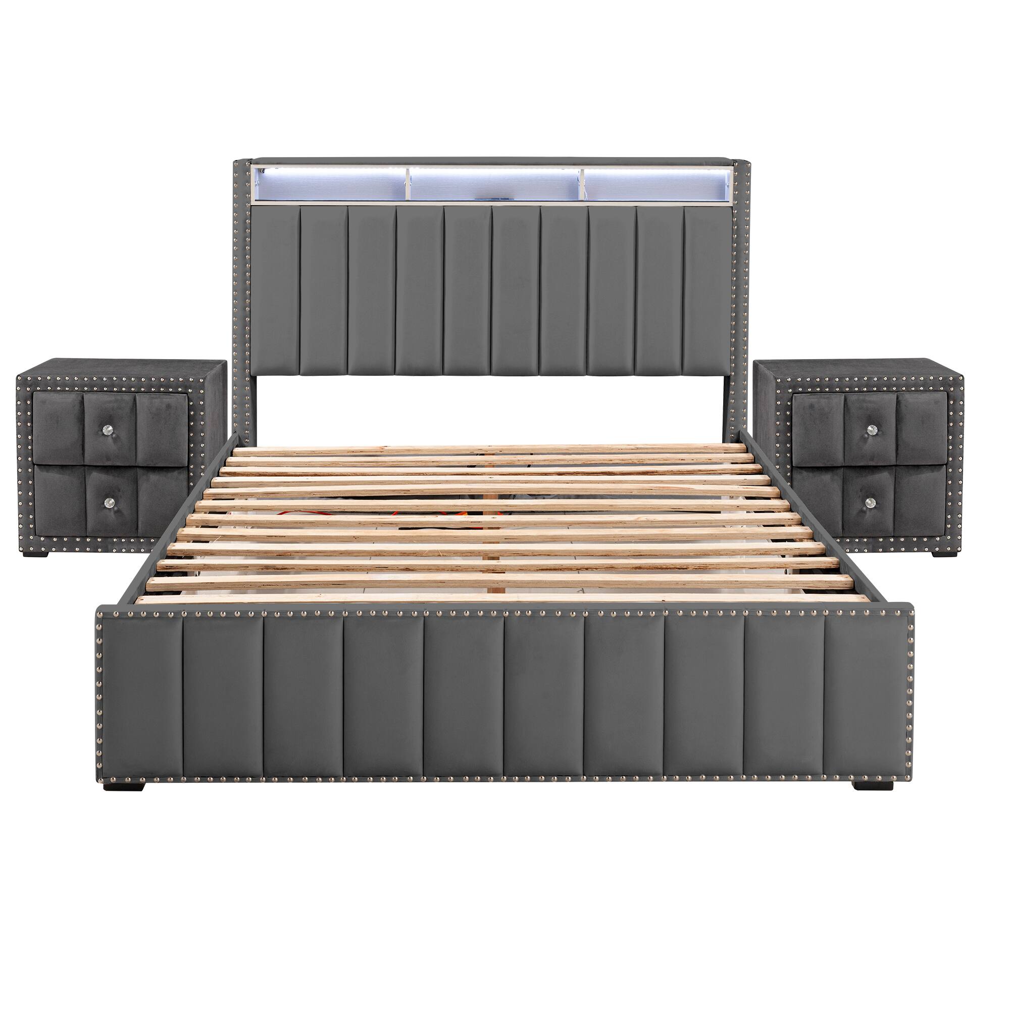 Alt View 2. Parrot Uncle - Contemporary Velvet Platform Bed With LED Lights and Nailhead Trim - Gray.