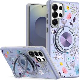 Kitcheniva - Stylish Bling Ring Stand Protective Case With Tempered Glass For Samsung S26 Ultra Floral - Lavender
