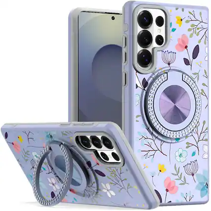 Front. Kitcheniva - Stylish Bling Ring Stand Protective Case With Tempered Glass For Samsung S26 Ultra Lavender Floral - Lavender.