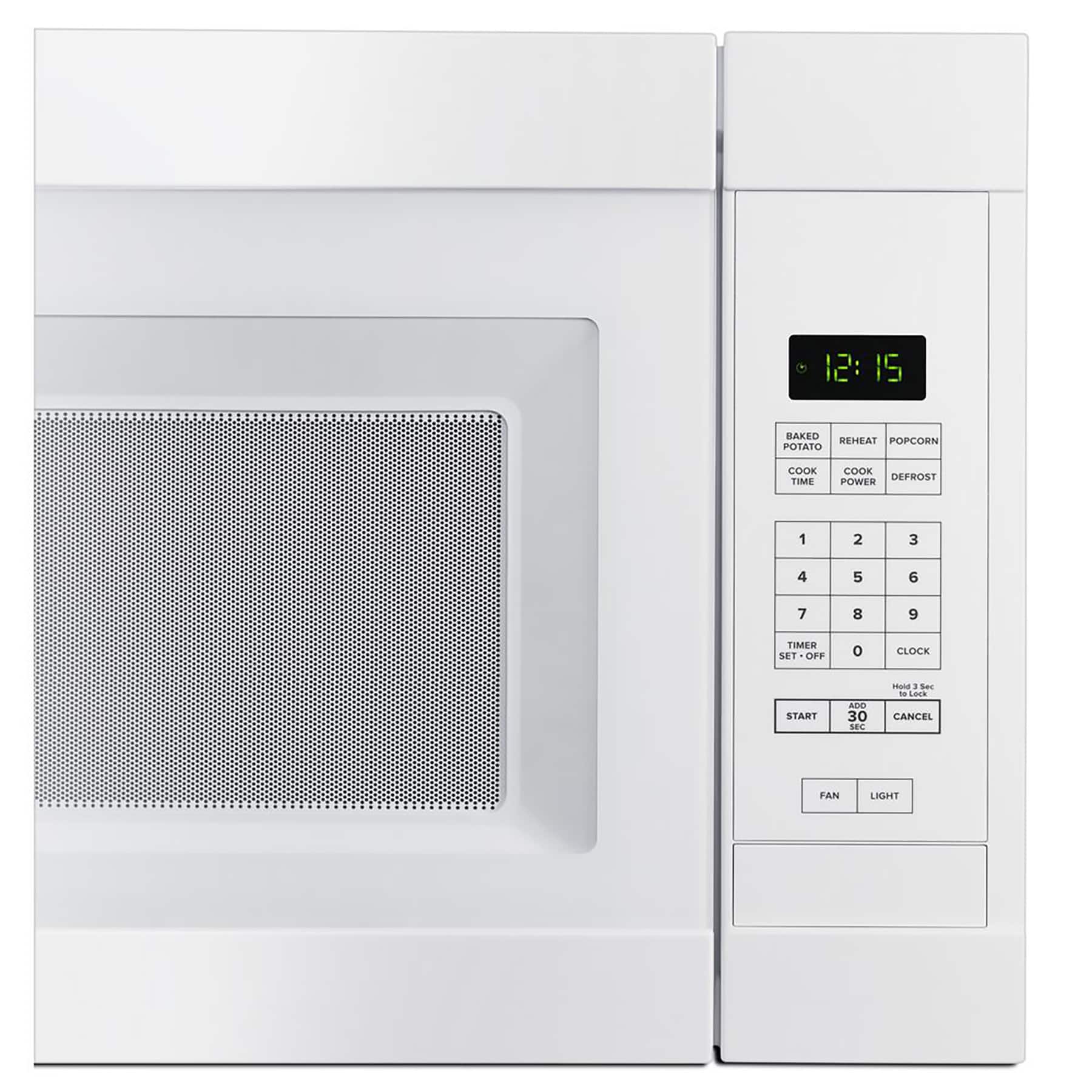 The text on the image reads: "12:15 Baked Reheat Popcorn Potato Cook Time Cook Defrost Power 1 2 3 4 5 6 7 8 9 Theme Set - Off Clock Start 30 Sec Manual Ser Fan Light Cancel."