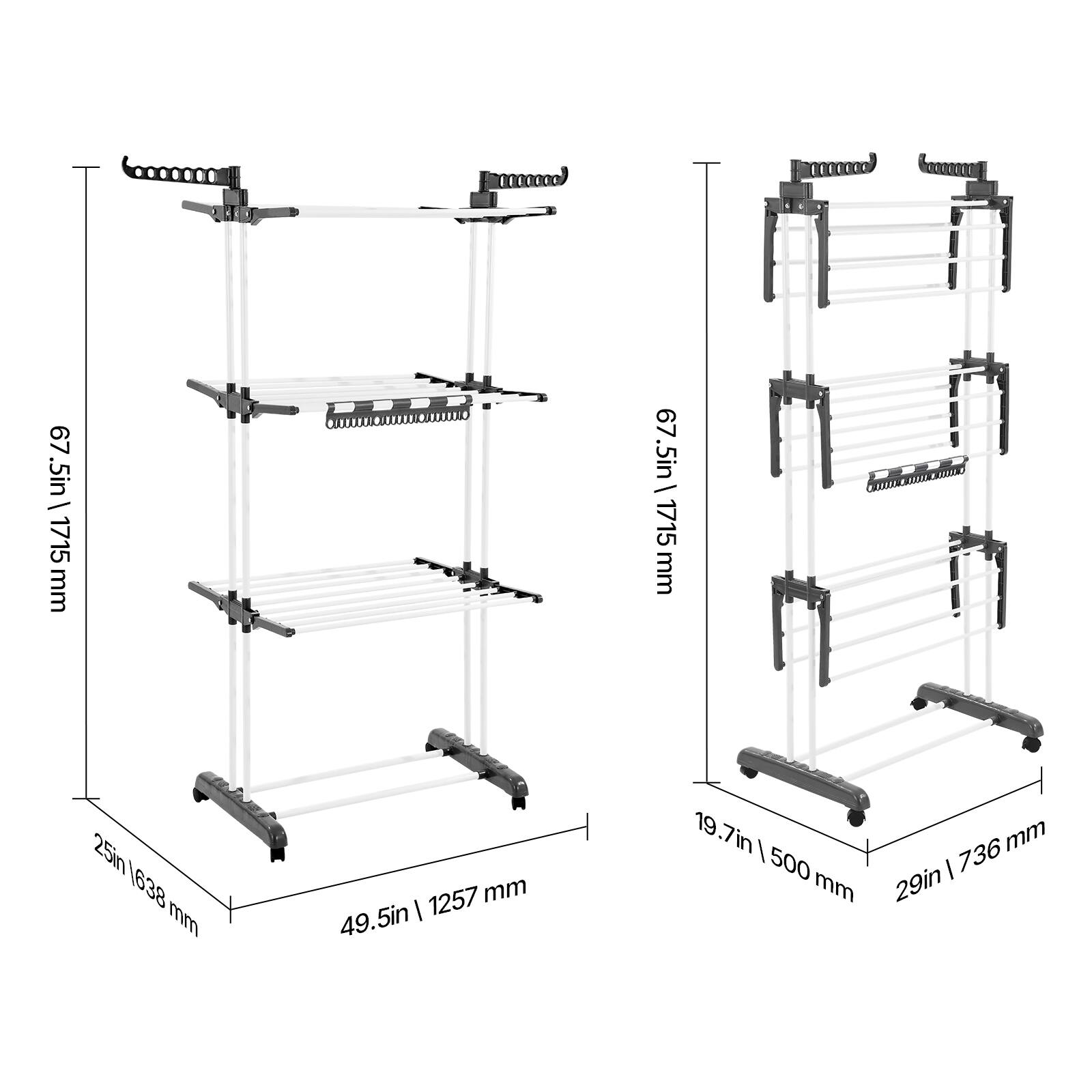 Here is the corrected and grouped text:

- 67.5 in / 1715 mm
- 67 in / 1715 mm
- 25 in / 635 mm
- 1638 mm
- 1257 mm
- 49.5 in / 1257 mm
- 19.7 in / 500 mm
- 736 mm
- 29 in / 736 mm
- 500 mm
- 29 in / 736 mm

The image shows a ladder with dimensions:
- Height: 67.5 in / 1715 mm
- Width: 25 in / 635 mm
- Base width: 49.5 in / 1257 mm
- Side width: 19.7 in / 500 mm
- Foot width: 29 in / 736 mm