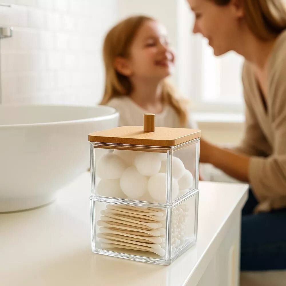 Angle. Elle - Acrylic Q tip Dispenser with Bamboo Lid, 2 Tier Stackable Square Cotton Swab & Ball Organizer for Bathroom or Vanity - Clear/Natural Bamboo.