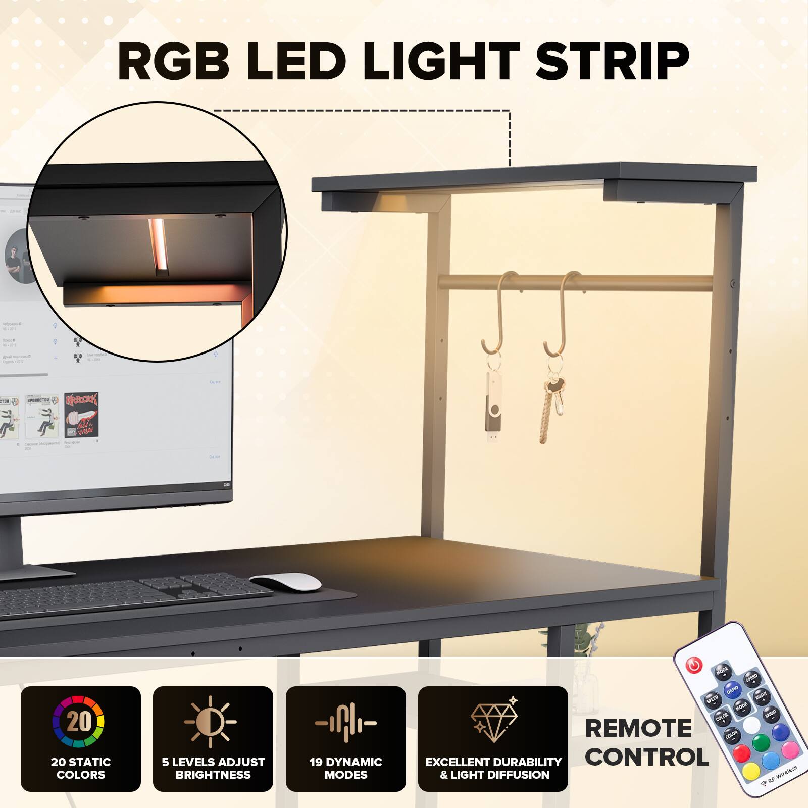 RGB LED LIGHT STRIP

- 6-201
- thange 201
- Apple consect Ogen : 20 = 14 0.21
- Calories
- TOI
- POCT#

- Calories
- 20 20 STATIC COLORS
- 5 LEVELS ADJUST BRIGHTNESS
- 19 DYNAMIC MODES
- SPEGO DEMO HOT SPETO MODE COLOR REMOTE COLOR EXCELLENT DURABILITY CONTROL & LIGHT DIFFUSION RF Wireless 9