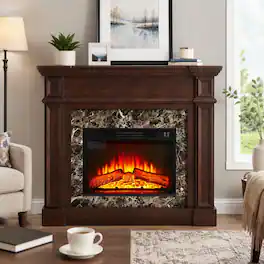 RYHNUYNE - Finished Electric Fireplace with Mantel, Freestanding 1400W Heater with Realistic Stacked Stone Surround - Cherry