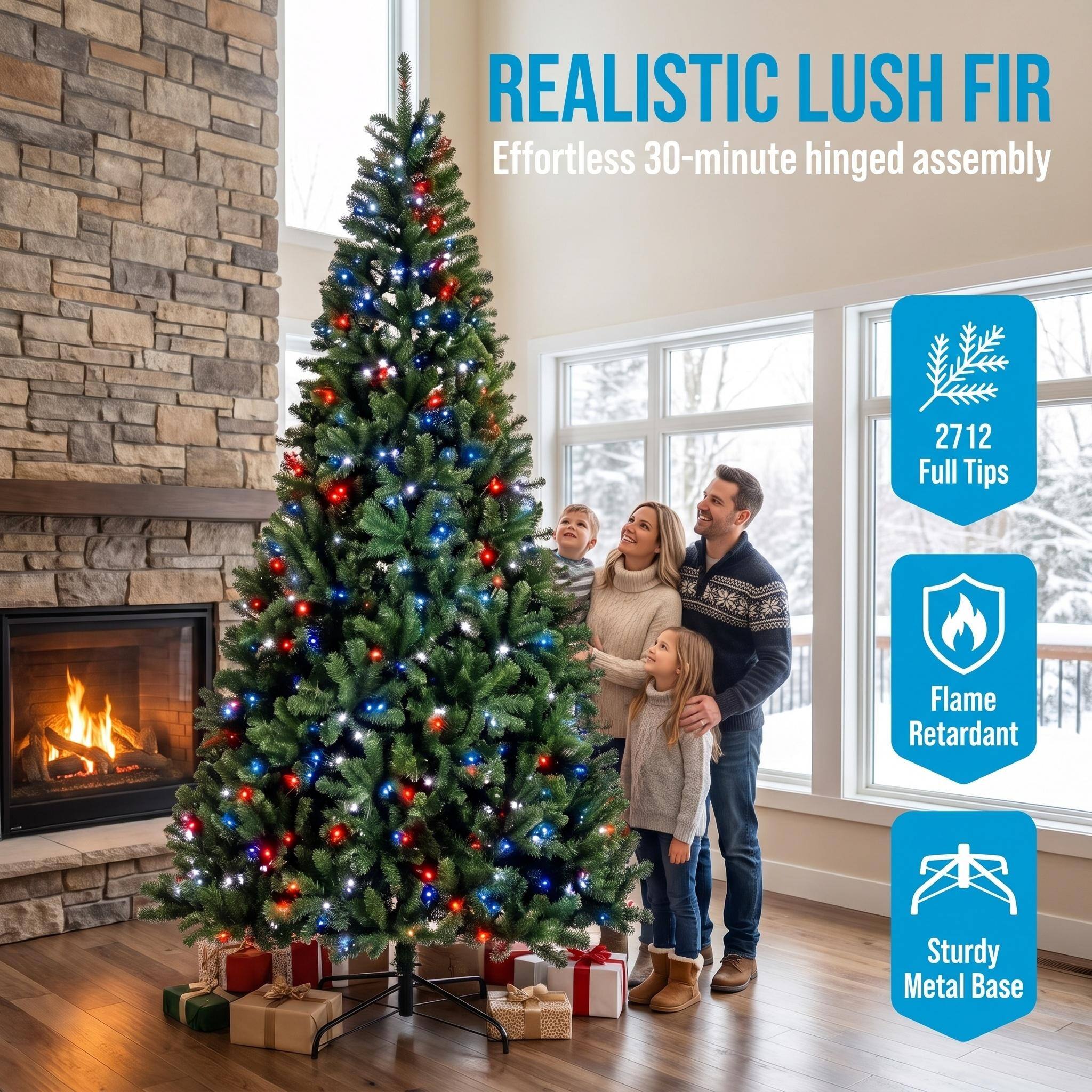 REALISTIC LUSH FIR  
Effortless 30-minute hinged assembly

2712 Full Tips

Flame Retardant

Sturdy Metal Base