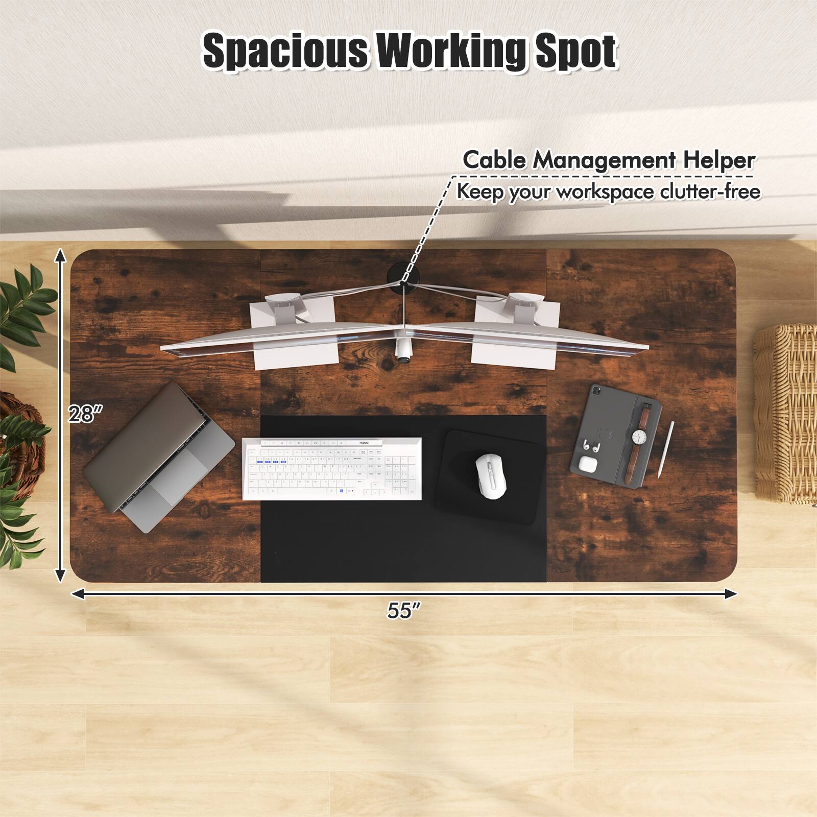 Spacious Working Spot, Cable Management Helper, Keep your workspace clutter-free, 28", 55"