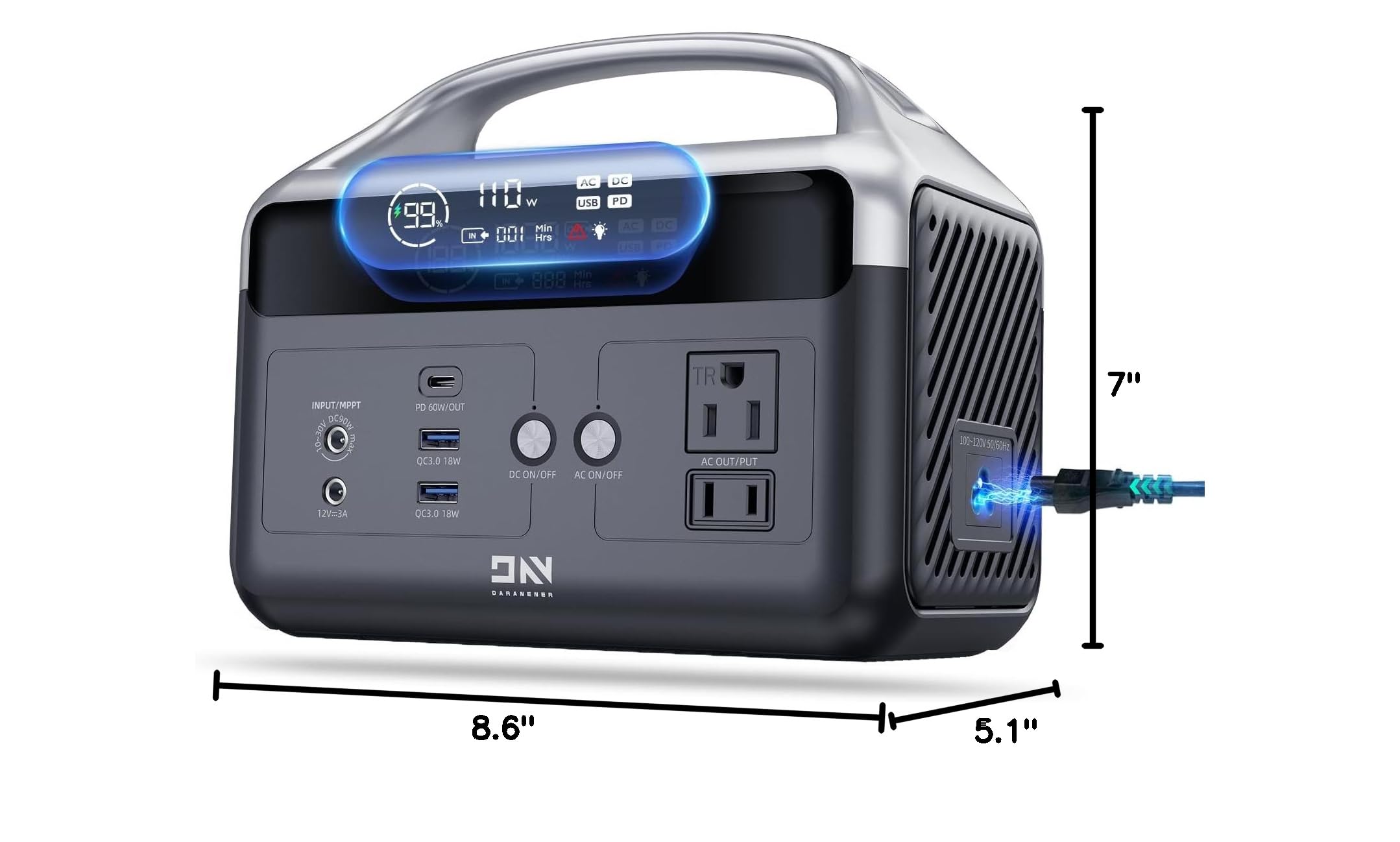 99.0 W  
Min 001 Hrs  
AC USB W DC PD AC USO DC Min 888 Hrs  
INPUT/MPPT DCRW 10-30  
PD 60W/OUT QC3.0 18W DC ON/OFF AC ON/OFF TR AC OUT/PUT 100-120V  
12V=3A QC3.0 18W ON  
DARANERSA  
8.6" 5.1"