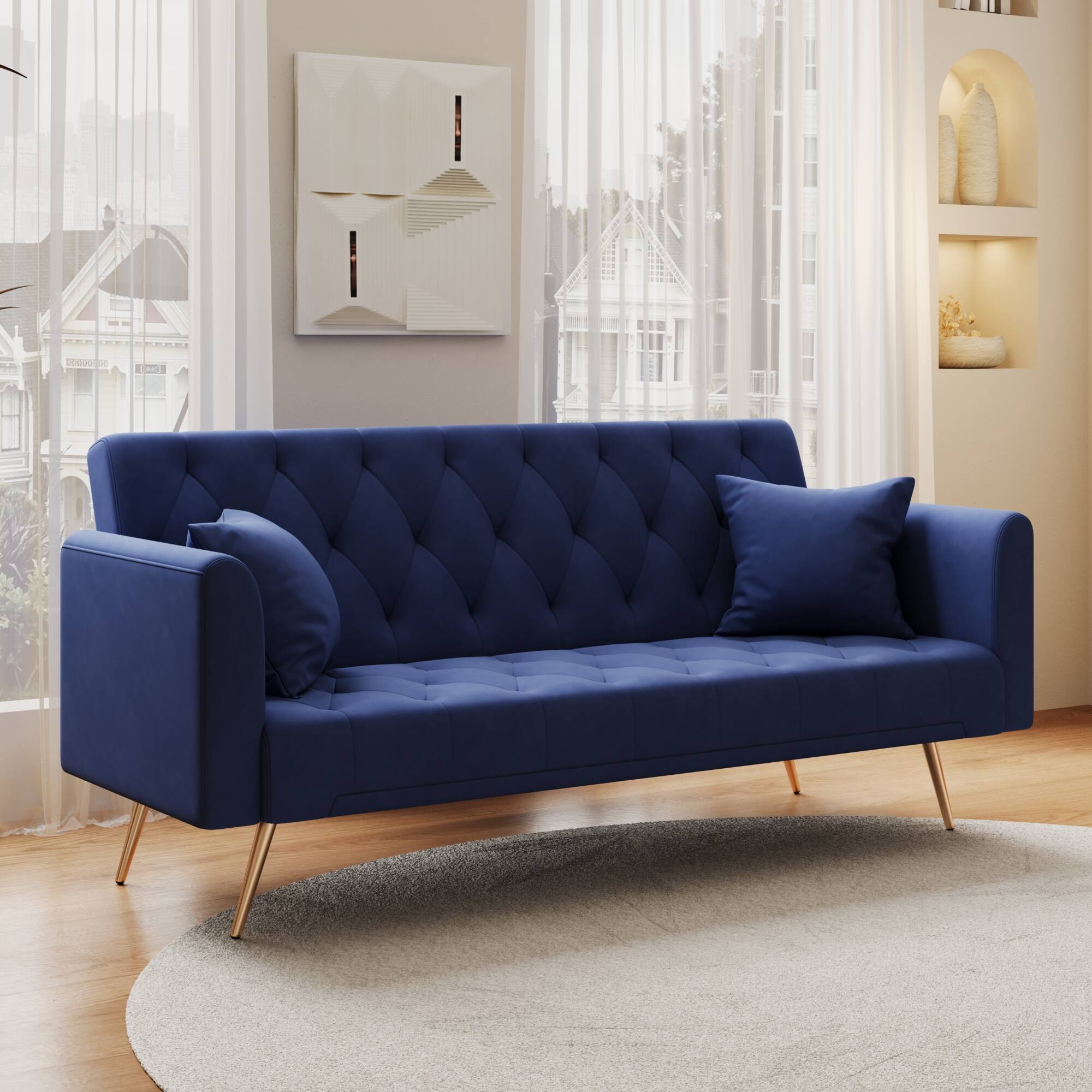 Alt View 4. GOODSILO - Convertible Velvet Sofa Bed with Adjustable Backrest for Small Spaces, Living Room and Office Use - Blue.