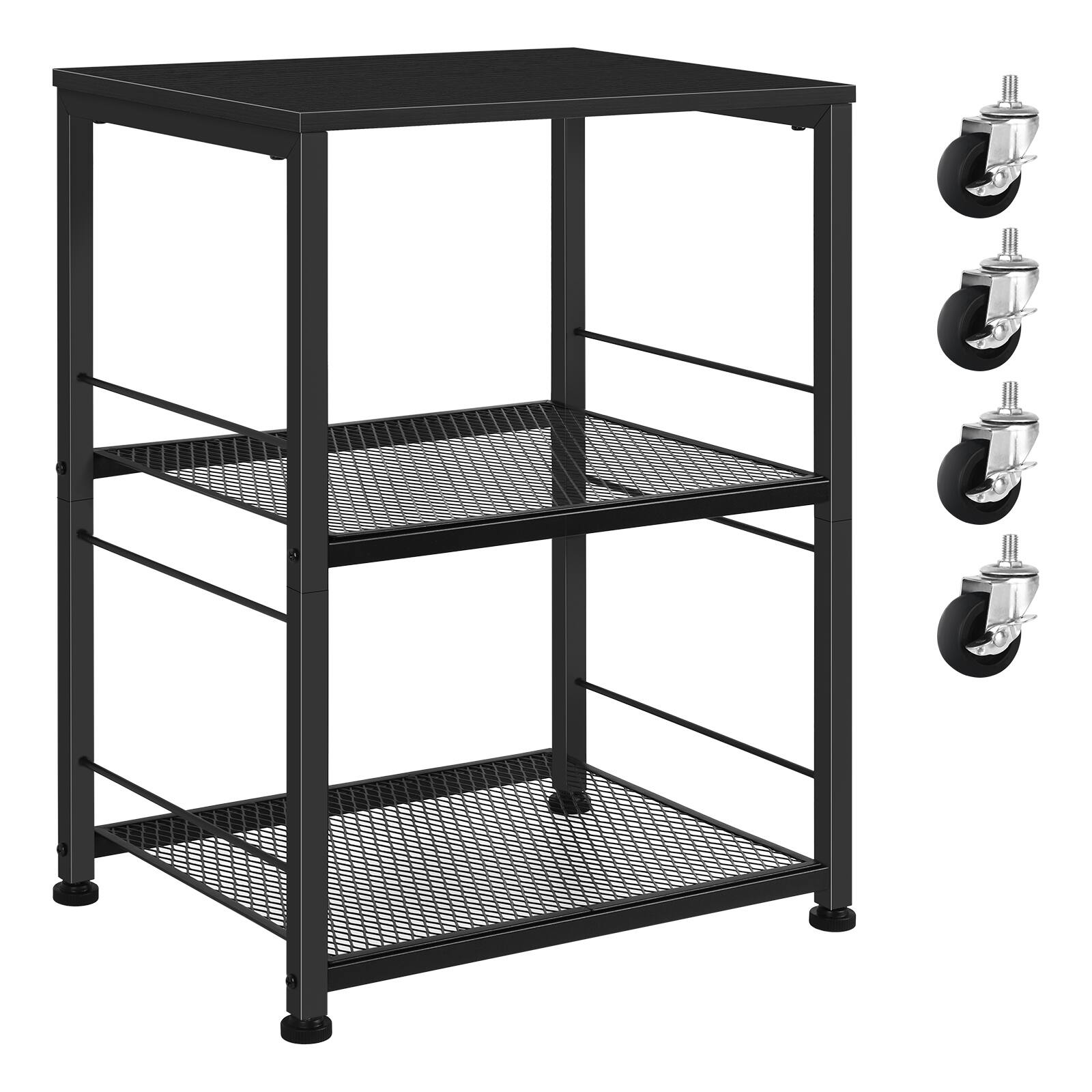 Back. Oumilen - Black 3-Tier Rolling Side Table, Industrial End Table with Casters & Mesh Shelves - Black.