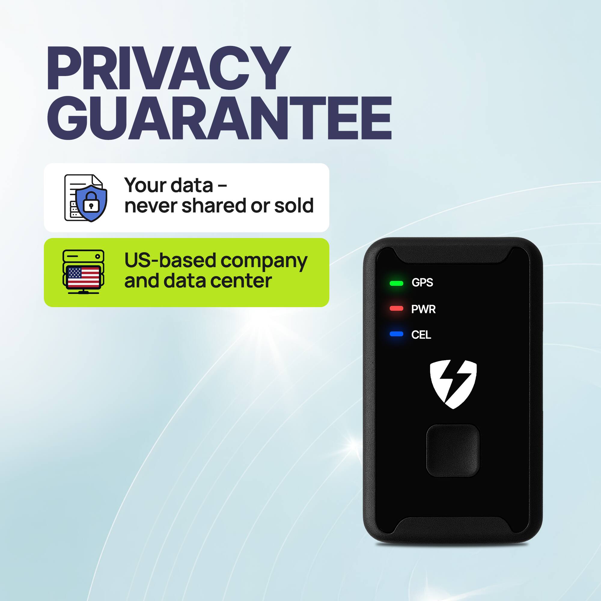 **PRIVACY GUARANTEE**

- Your data – never shared or sold
- US-based company and data center

GPS  
PWR  
CEL