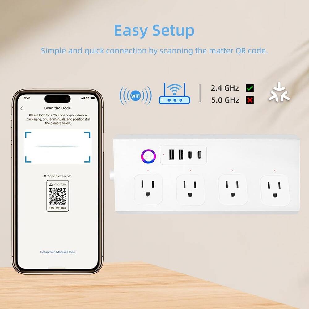 Easy Setup  
Simple and quick connection by scanning the matter QR code.

Scan the Code  
Please look for a QR code on your device, packaging, or user manuals, and position it in the camera below.

QR code example  
matter 1754 1234-567-901

Setup with Manual Code

2.4 GHz  
5.0 GHz