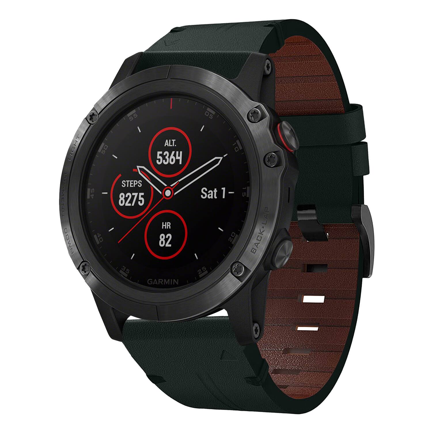 LIGHT 50 a 55 ALT. 5364 STEPS 8275 HR 82 DOWN 40 82 35 GARMIN Sat 1-1 20 25 15 LAP BACK-LA