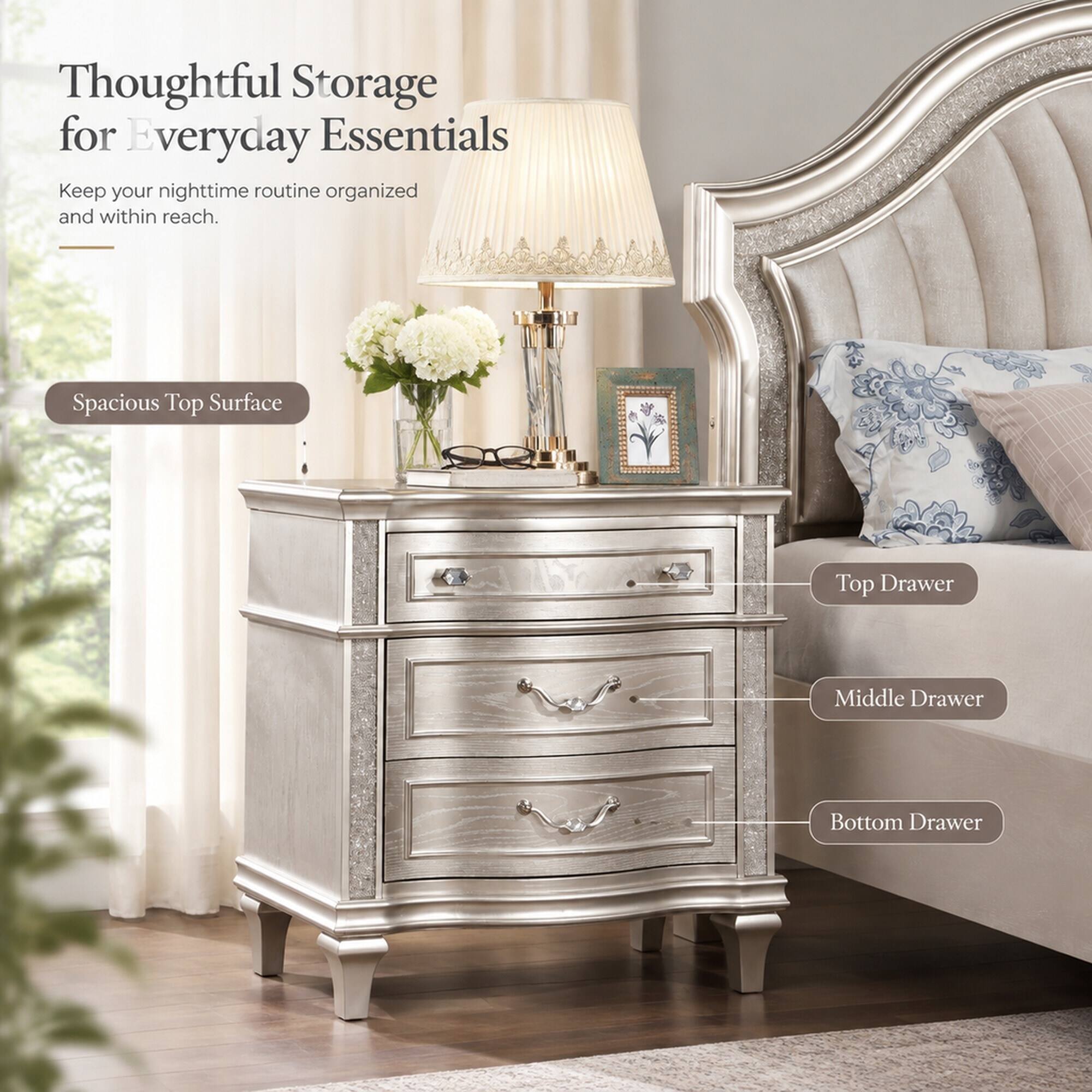 Thoughtful Storage for Everyday Essentials  
Keep your nighttime routine organized and within reach.  
Spacious Top Surface  
Top Drawer  
Middle Drawer  
Bottom Drawer