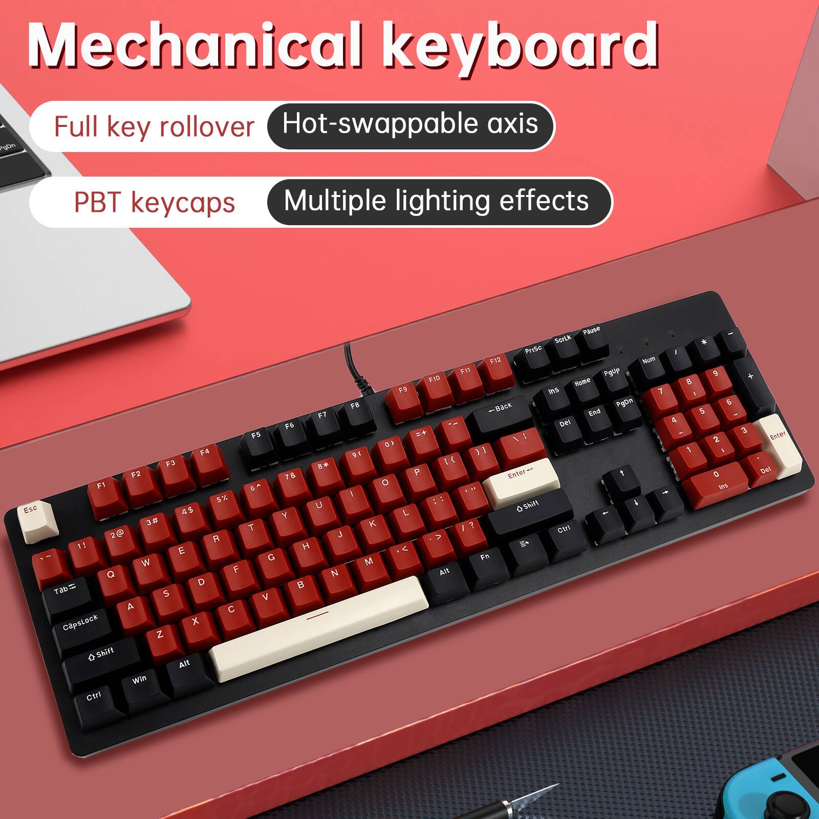Mechanical keyboard  
Full key rollover  
Hot-swappable axis  
PBT keycaps  
Multiple lighting effects