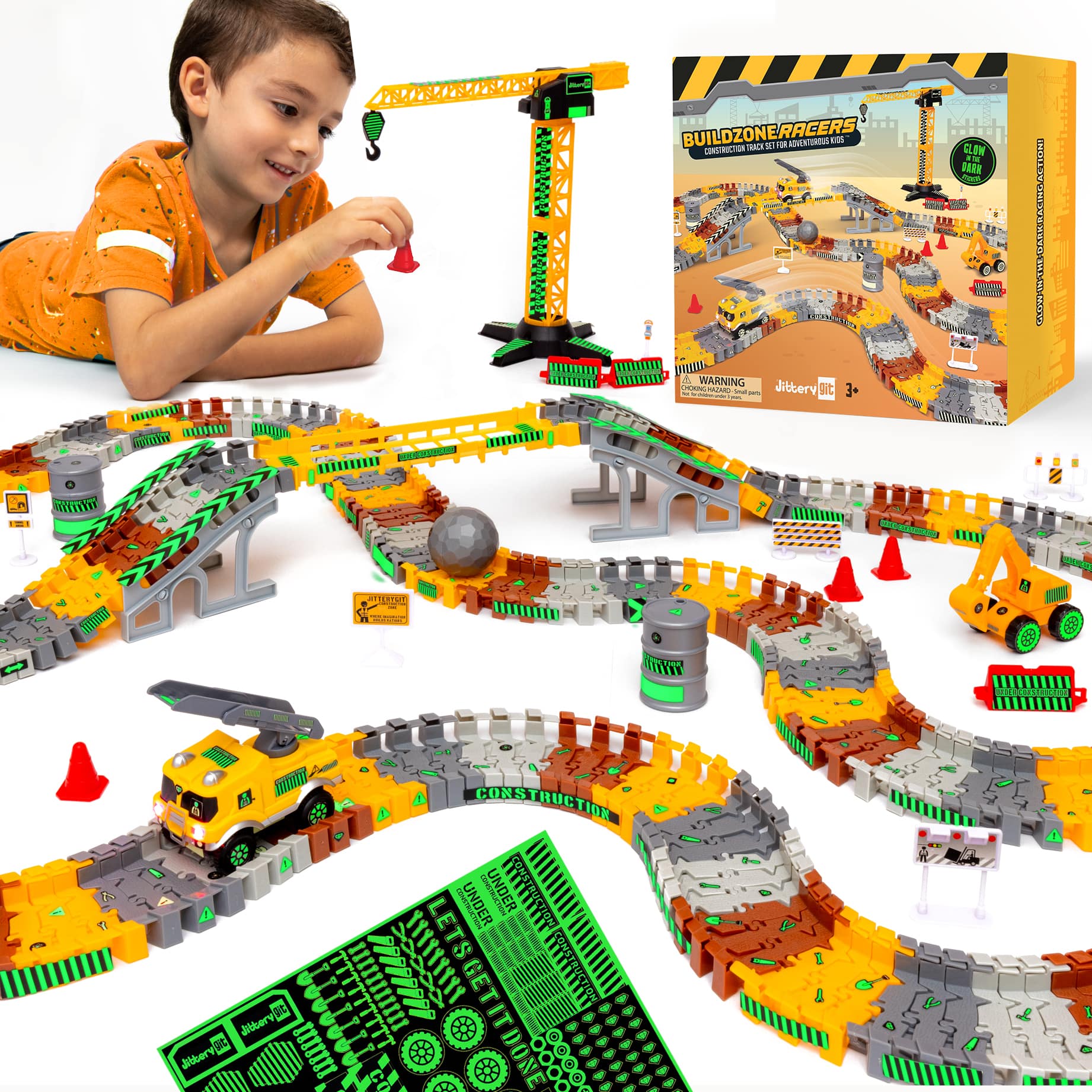 BUILDZONE RACERS  
CONSTRUCTION TRACK SET FOR ADVENTURERS 1505  

WARNING  
Jibbery Jib  
3+  

GLOW IN THE DARK  

CONSTRUCTION UNDER CONSTRUCTION