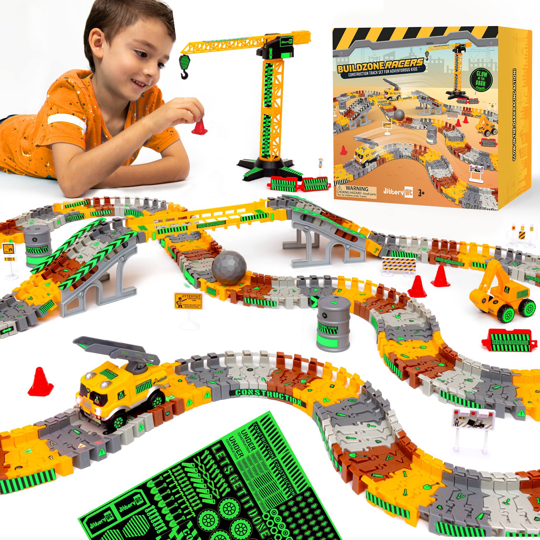 BUILDZONE RACERS  
CONSTRUCTION TRACK SET FOR ADVENTURERS 1505  

WARNING  
Jibbery Jib  
3+  

GLOW IN THE DARK  

CONSTRUCTION UNDER CONSTRUCTION